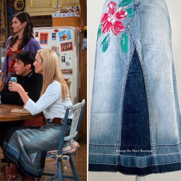 Extremely Rare Vintage Denim Floral Maxi Skirt ASO Phoebe Buffay in Friends - Picture 4 of 11